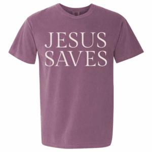 Jesus Saves T-shirt in washed plum color with bold cream text on front