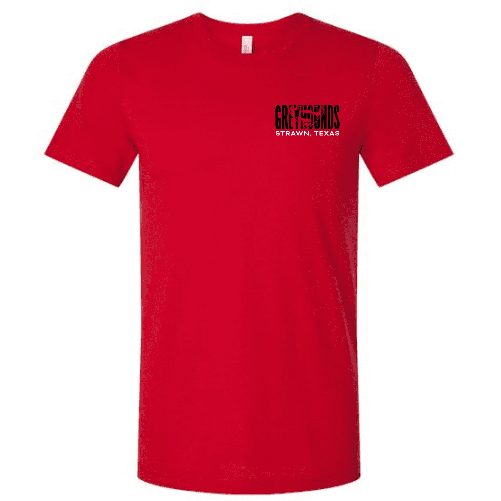 Front of red t-shirt with small GREYHOUNDS Strawn, Texas logo on chest