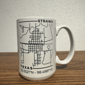 15oz Strawn Texas map mug with black street grid and coordinates