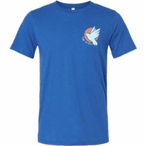 Blue "Vaya Con Dios" Christian t-shirt with dove logo and back text