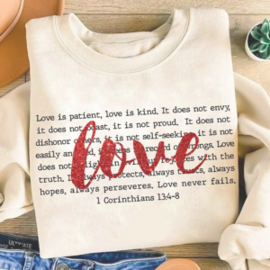 Folded cream sweatshirt with bold red "Love" script and 1 Corinthians 13:4–8 Bible verse