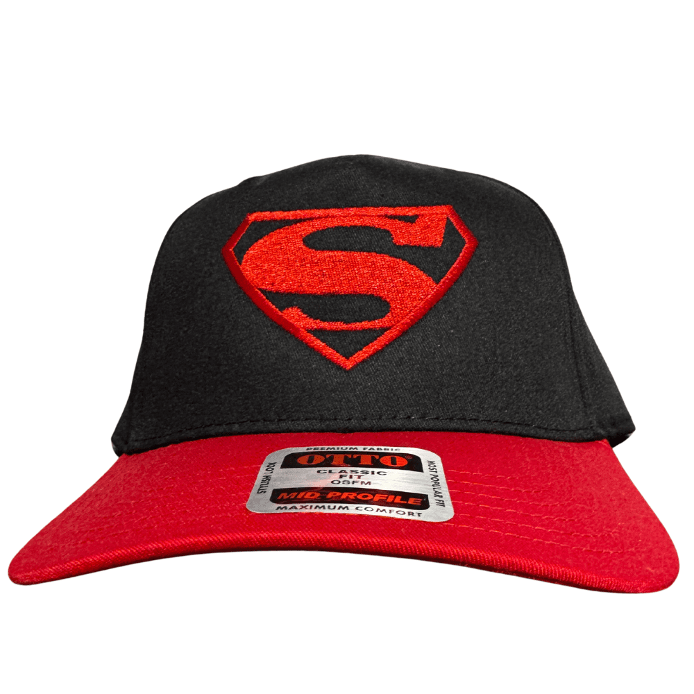 Front view of the Black Embroidered Strawn Logo Hat featuring a red embroidered S on a black crown