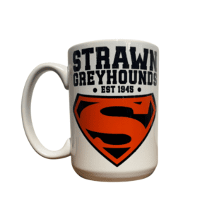 15oz white ceramic mug with Strawn Greyhounds text and red S logo