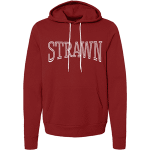 Red Strawn hooded sweatshirt with white varsity-style arched text across the chest and white drawstrings.