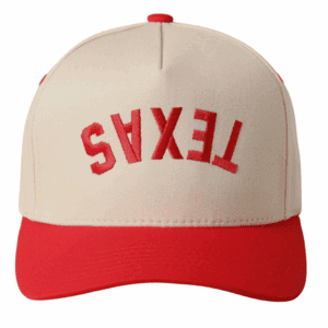 Front view of cream and red snapback with upside-down “TEXAS” embroidered in red