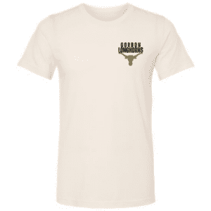 Front of Vintage Gordon Longhorns T-Shirt featuring small chest logo in black and gold