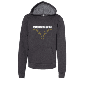 Kids-sized black hoodie featuring the word “GORDON” in bold white collegiate lettering above a gold Longhorn outline graphic.