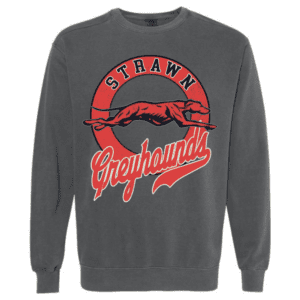 Charcoal grey sweatshirt featuring a retro red Strawn Greyhounds graphic with a leaping greyhound inside a circular design.
