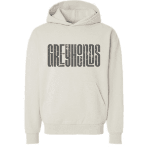 Cream-colored hooded sweatshirt with a bold, distressed “Greyhounds” graphic printed across the chest in charcoal gray ink.