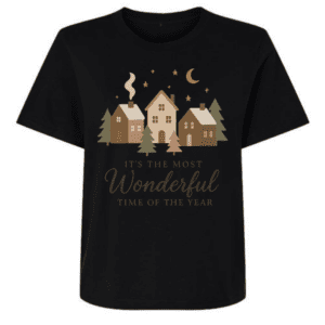 Black cropped women’s t-shirt with cozy village graphic and “It’s the Most Wonderful Time of the Year” text