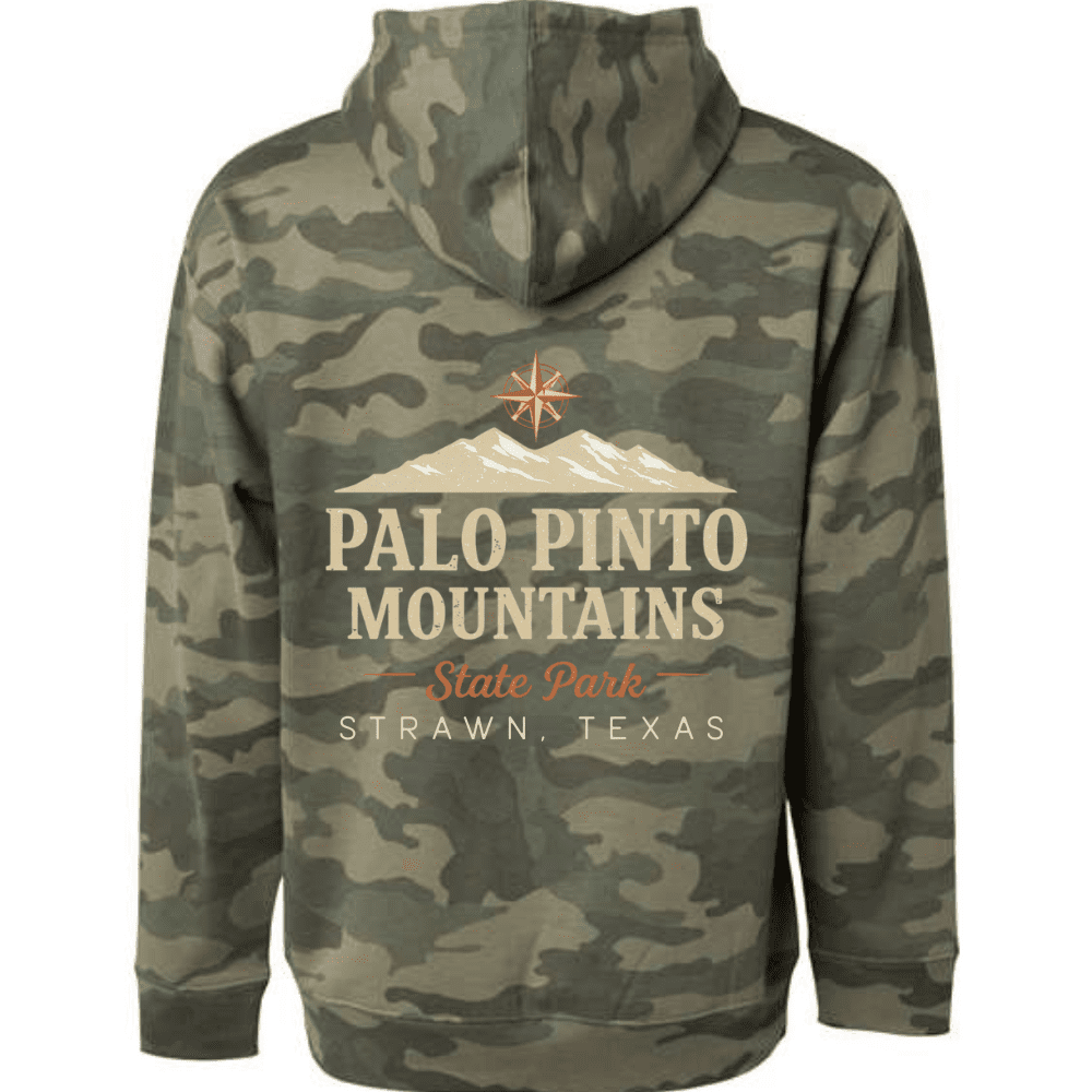 Back of camo hoodie with large Palo Pinto Mountains State Park design and “Strawn, Texas” text