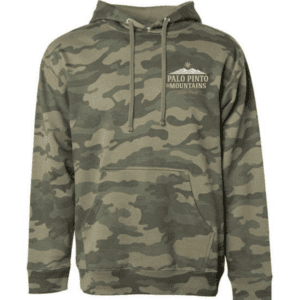 Front of camo hoodie featuring Palo Pinto Mountains State Park crest design on the left chest