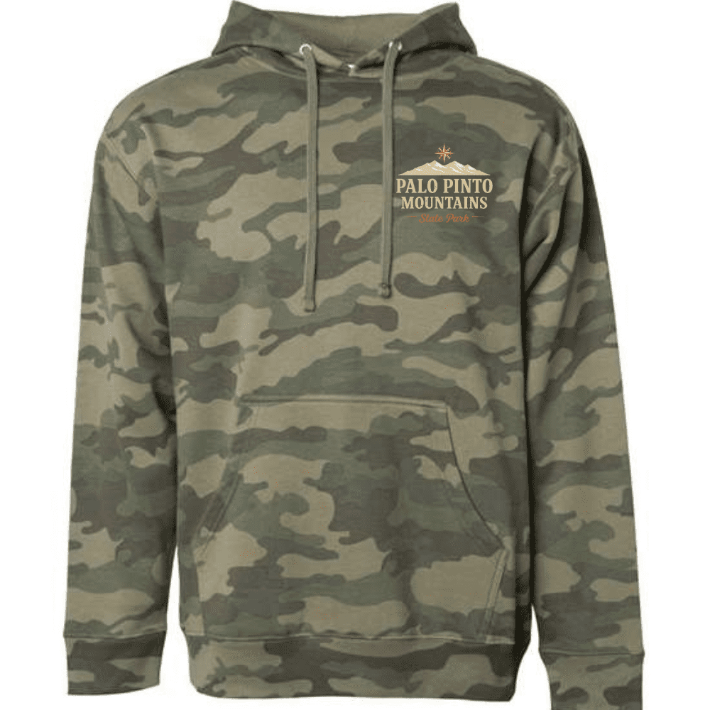 Front of camo hoodie featuring Palo Pinto Mountains State Park crest design on the left chest