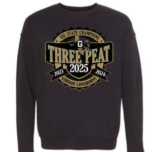 Celebrate a legendary three‑peat with this soft and durable Gordon Longhorns crewneck sweatshirt, honoring state titles in 2023, 2024, and 2025.