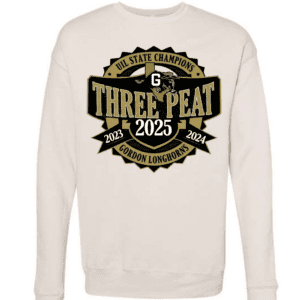 Cream crewneck sweatshirt with bold “Three Peat 2025” Gordon Longhorns design in black and gold