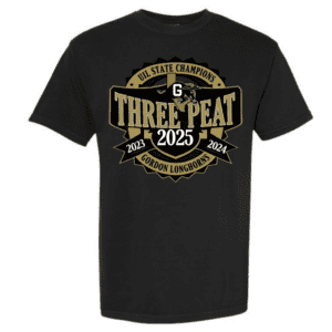 Black t‑shirt with white, gold and black “Three Peat 2025” UIL state champion design for Gordon Longhorns