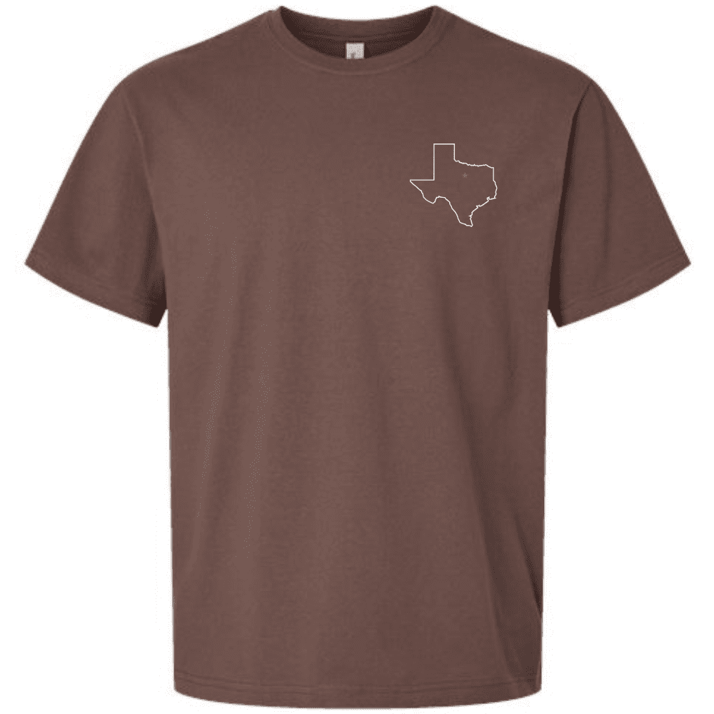 Front of Palo Pinto Mountains State Park T-shirt with Texas state outline and red star