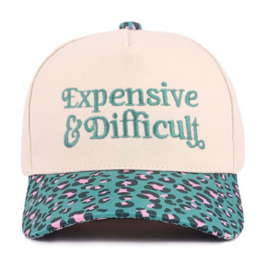 Expensive and Difficult embroidered hat with leopard print brim and teal lettering