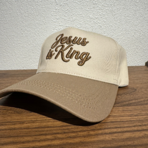 Jesus Is King embroidered hat with cream crown and tan brim