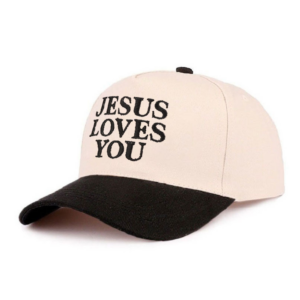Jesus Loves You embroidered hat with black brim and cream crown