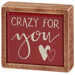 Crazy For You mini box sign with red background and heart design