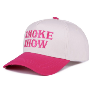 Smoke Show embroidered hat with pink lettering and pink brim