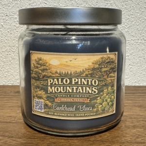 Front view of Bankhead Blues 16oz soy blended wax candle by Palo Pinto Mountains Candle Company in Strawn Texas