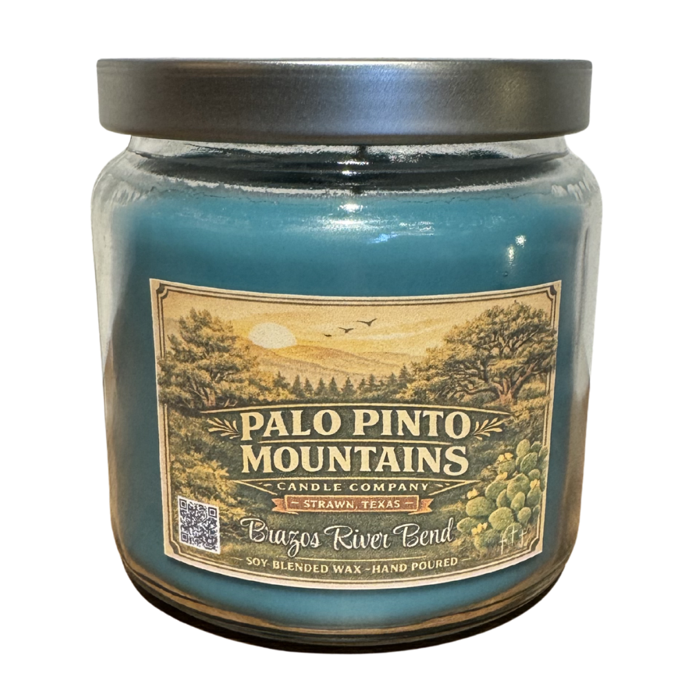 Brazos River Bend 16oz soy blend candle by Palo Pinto Mountains Candle Company with metal lid on