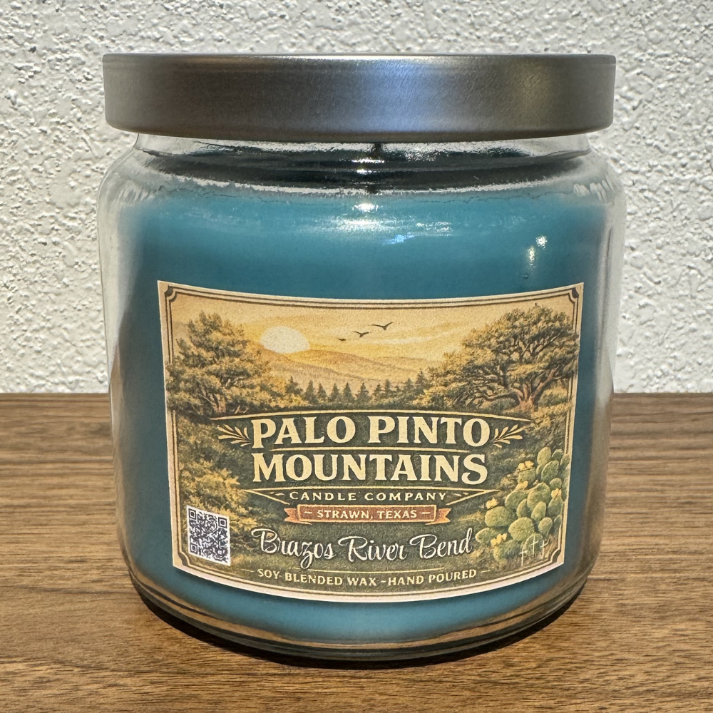 Brazos River Bend 16oz soy candle displayed on wooden surface in Strawn Texas