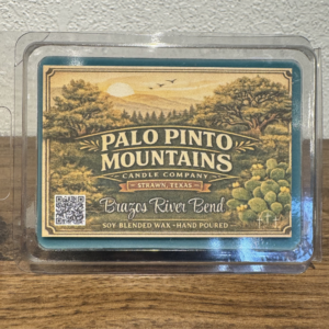 Brazos River Bend Wax Melts by Palo Pinto Mountains Candle Company in Strawn Texas soy blended wax melts in clamshell packaging