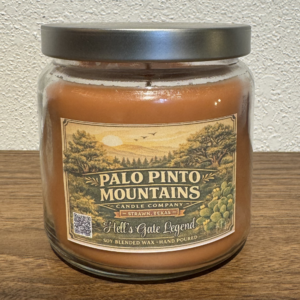 Hell’s Gate Legend 16oz candle with metal lid by Palo Pinto Mountains Candle Company in Strawn Texas