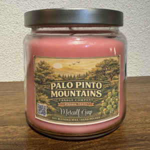 Metcalf Gap Candle with metal lid on wooden surface, Palo Pinto Mountains Candle Company Strawn TX