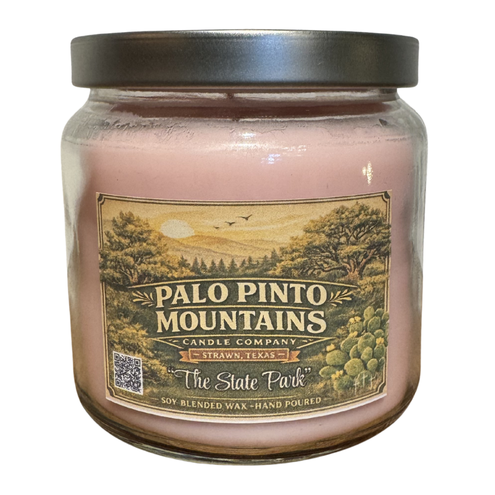 The State Park Candle 16oz soy blend candle by Palo Pinto Mountains Candle Company in Strawn Texas close up