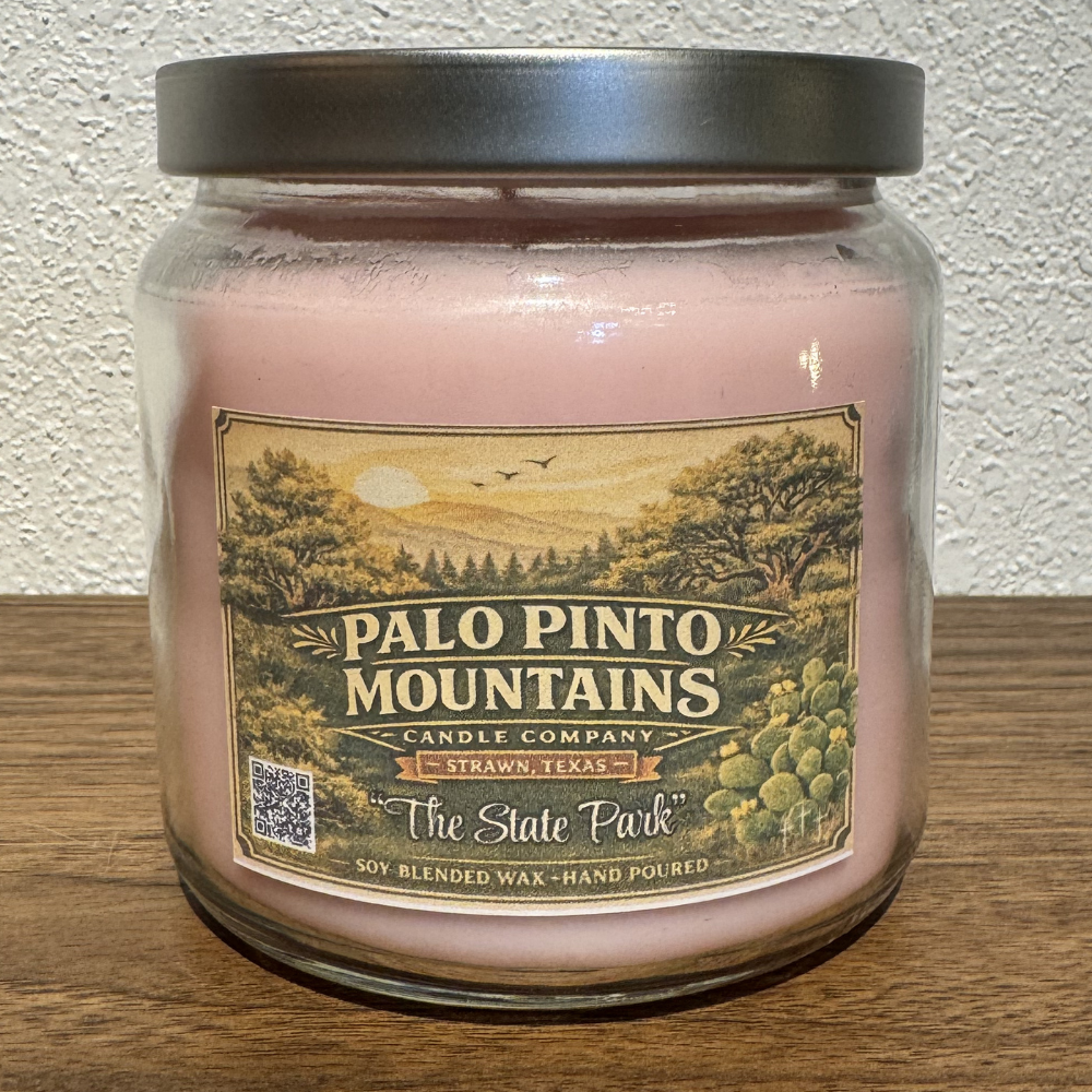 The State Park Candle with lid 16oz soy blend candle inspired by Palo Pinto Mountains State Park in Strawn Texas