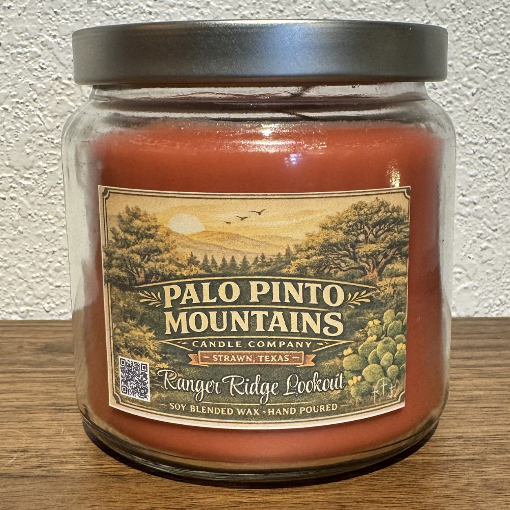 Ranger Ridge Lookout Candle glass jar with lid Palo Pinto Mountains Candle Company