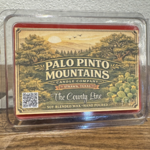 The County Line Wax Melts label by Palo Pinto Mountains Candle Company in Strawn Texas soy blended wax hand poured
