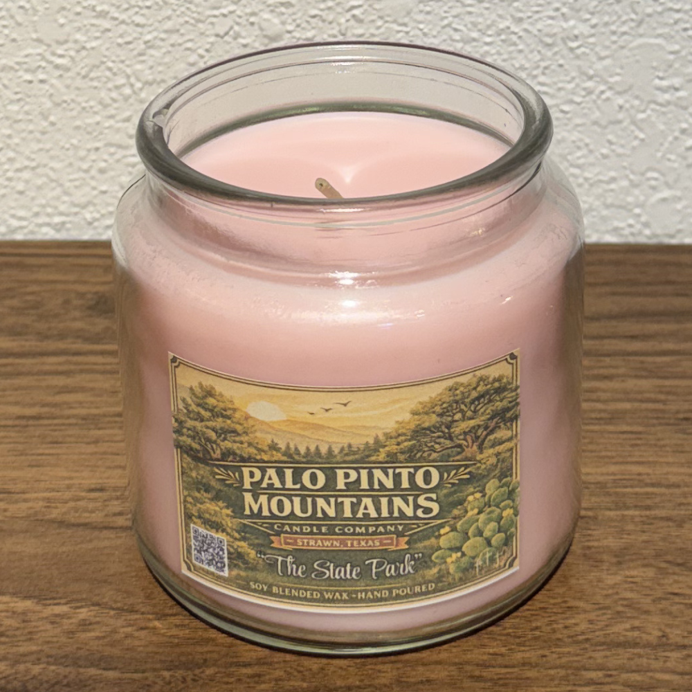 Open jar view of The State Park Candle 16oz hand poured soy blend candle from Strawn Texas