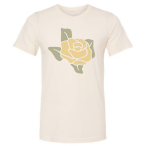 Yellow Rose of Texas T-Shirt featuring Texas state outline with yellow rose graphic on unisex cotton poly tee
