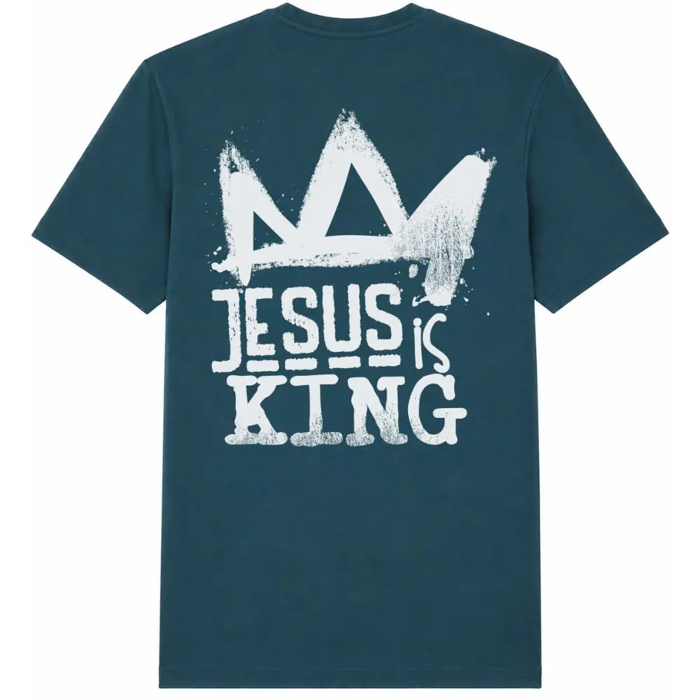 Deep teal Jesus Is King t-shirt featuring a large distressed crown and bold Jesus Is King graphic on the back.