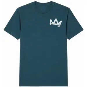 Deep teal Jesus Is King t-shirt featuring a small distressed crown graphic on the front left chest.