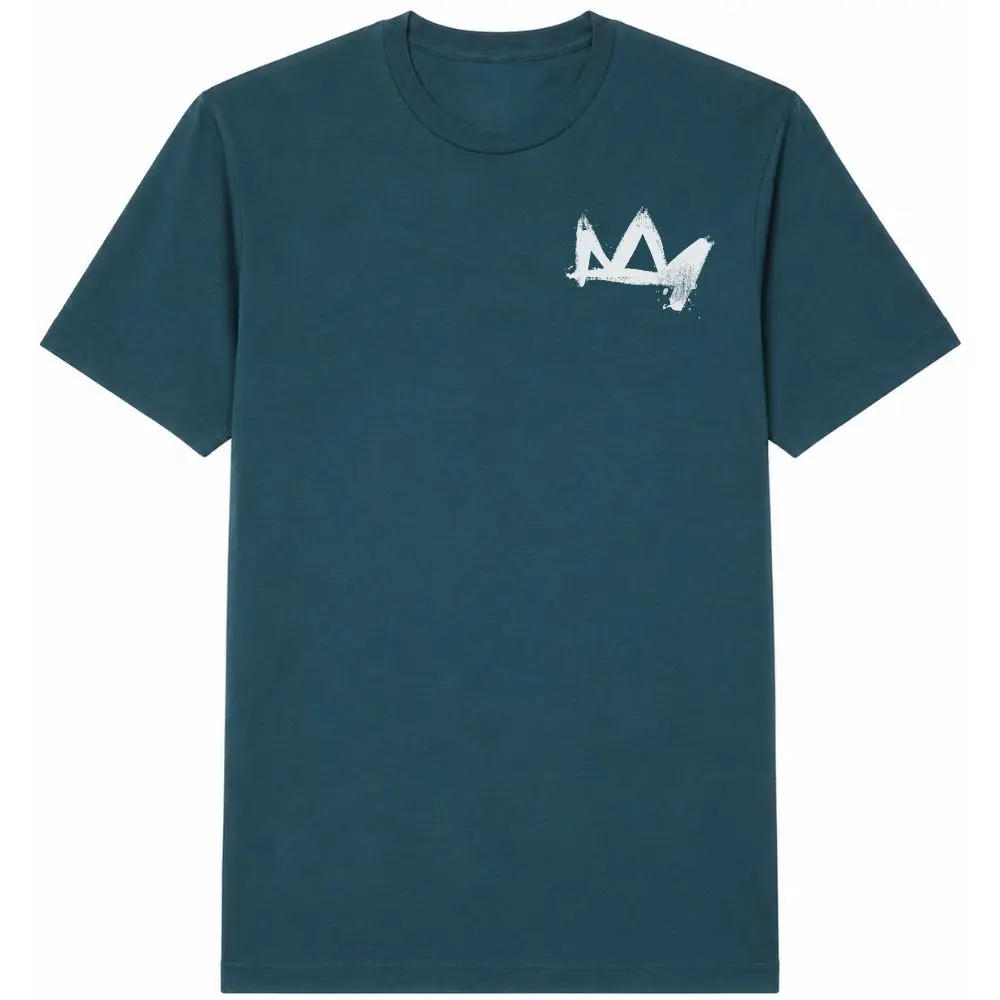 Deep teal Jesus Is King t-shirt featuring a small distressed crown graphic on the front left chest.