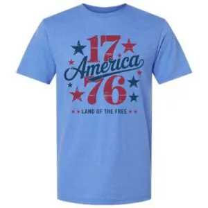Heather blue patriotic t-shirt with 1776 America land of the free graphic
