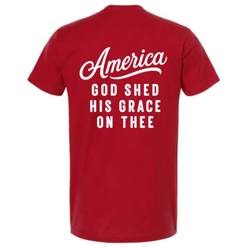 Red patriotic t-shirt with America God Shed His Grace On Thee graphic