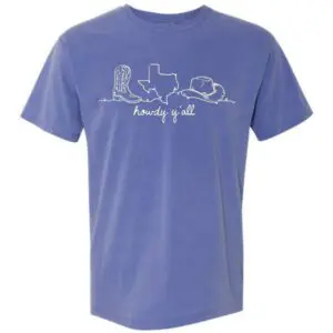 Blue Comfort Colors Texas t-shirt with western howdy y’all graphic