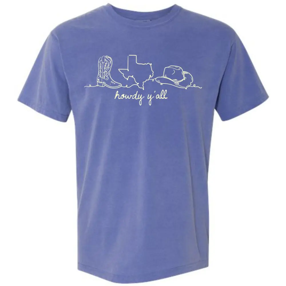 Blue Comfort Colors Texas t-shirt with western howdy y’all graphic