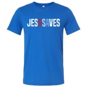 Blue Jesus Saves patriotic t-shirt featuring distressed red, white, and blue lettering with USA-inspired design.