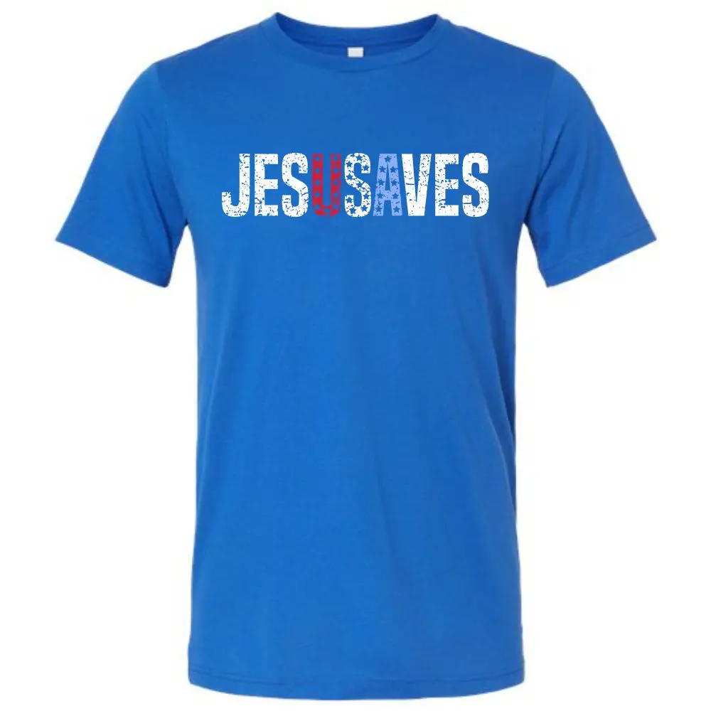 Blue Jesus Saves patriotic t-shirt featuring distressed red, white, and blue lettering with USA-inspired design.