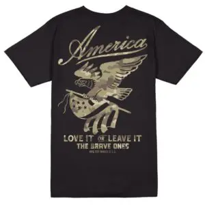 Love It or Leave It Camo T-Shirt with camo eagle and American flag graphic