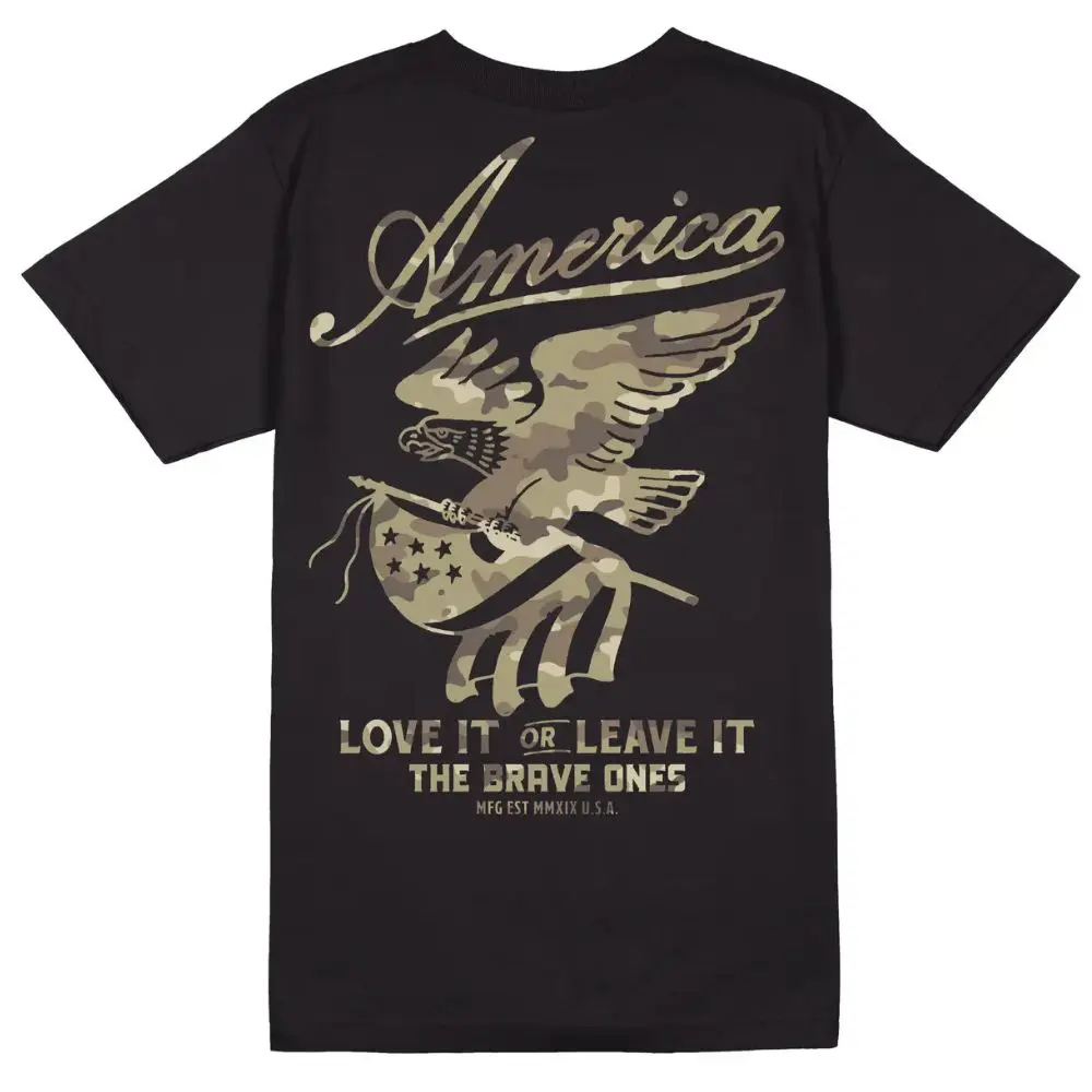 Love It or Leave It Camo T-Shirt with camo eagle and American flag graphic