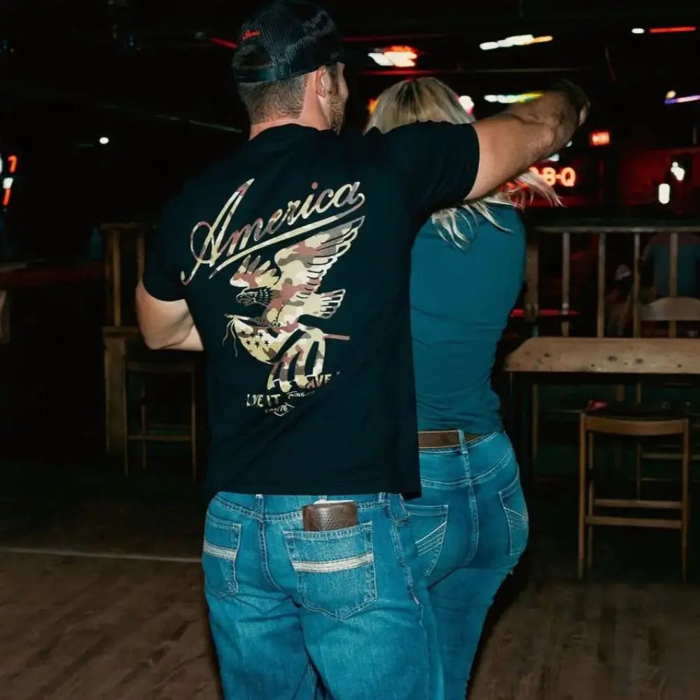 Back view of patriotic camo eagle t-shirt being worn